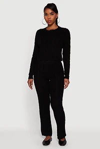 Womens Cropped Cable Knit Long Sleeve Sweater,