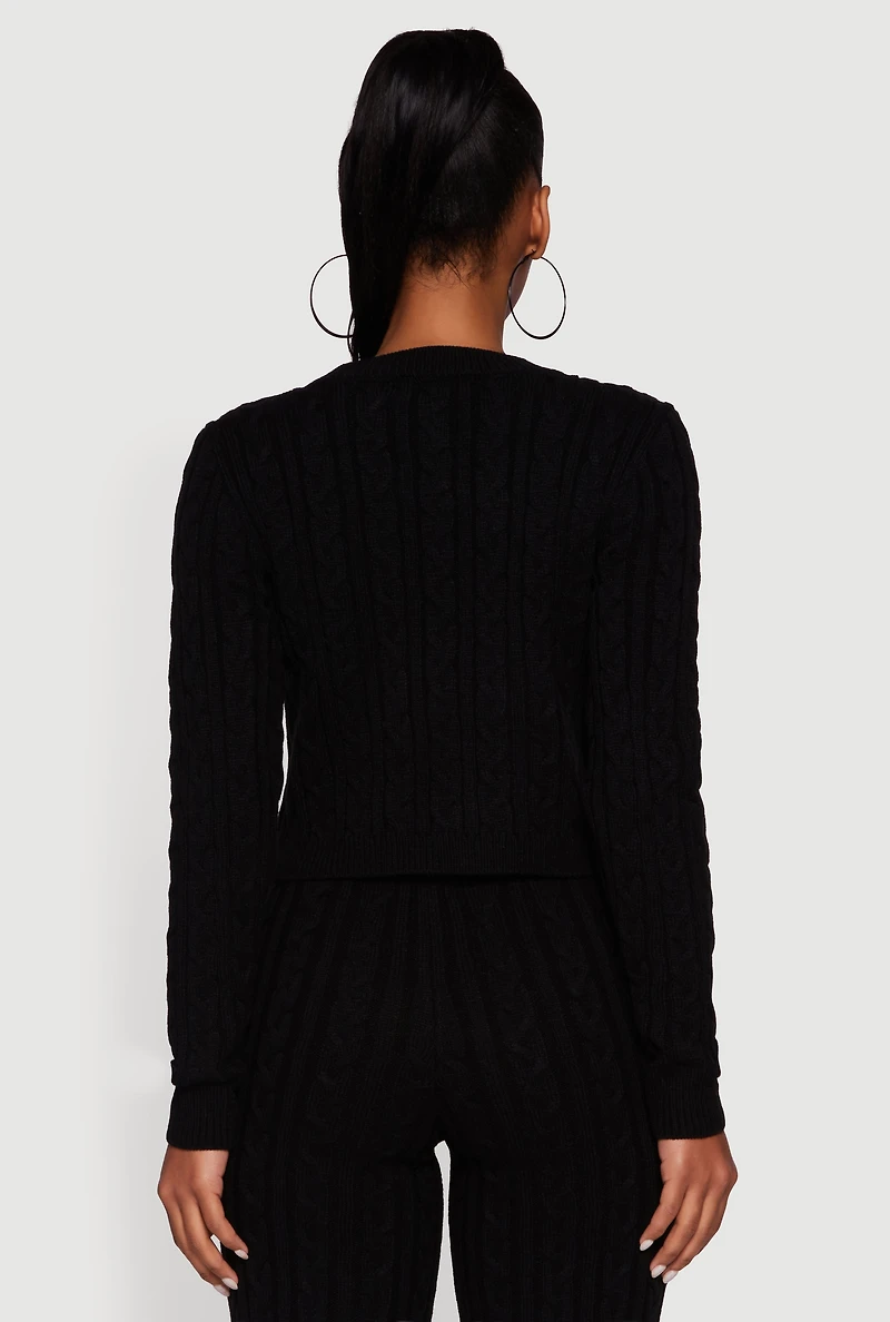 Womens Cropped Cable Knit Long Sleeve Sweater,