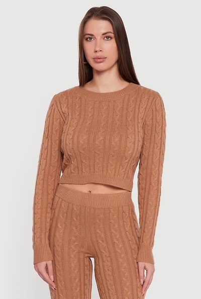 Womens Cropped Cable Knit Long Sleeve Sweater,