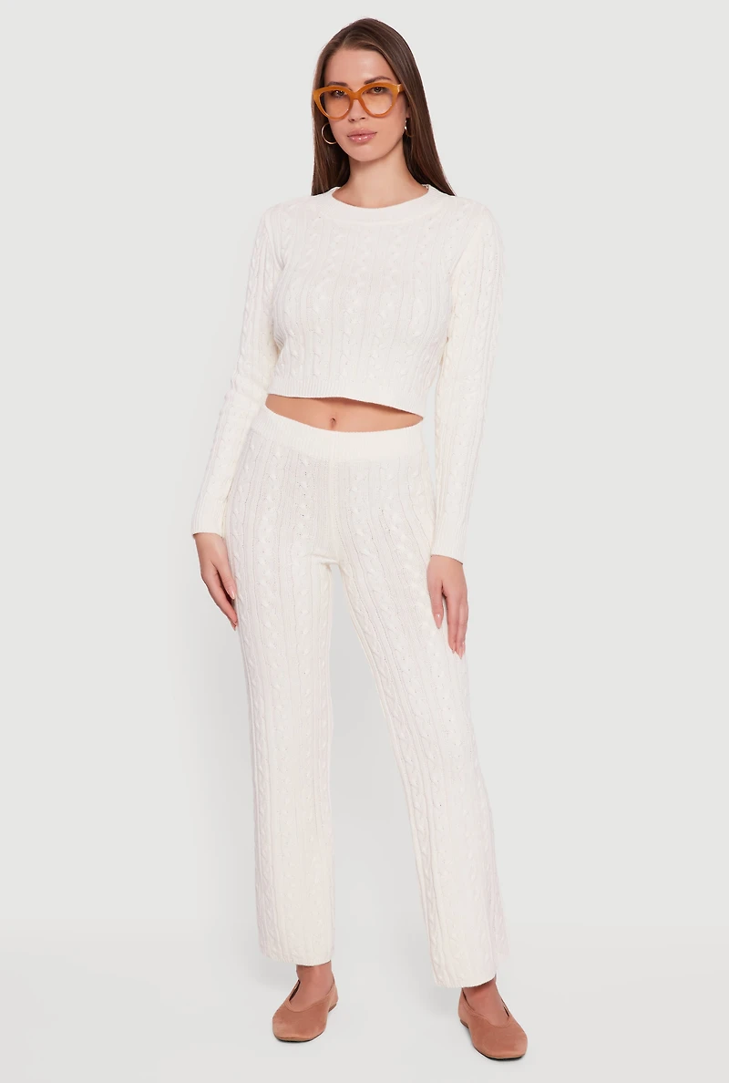 Womens Cable Knit Straight Leg Lounge Pants, White, Size M