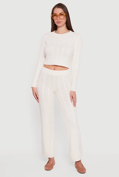 Womens Cable Knit Straight Leg Lounge Pants, White, Size M