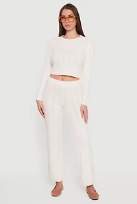 Womens Cable Knit Straight Leg Lounge Pants, White, Size M