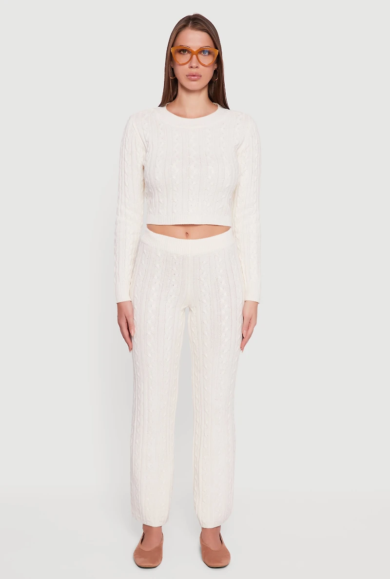 Womens Cable Knit Straight Leg Lounge Pants, White, Size M