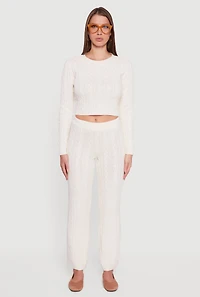 Womens Cable Knit Straight Leg Lounge Pants, White, Size M