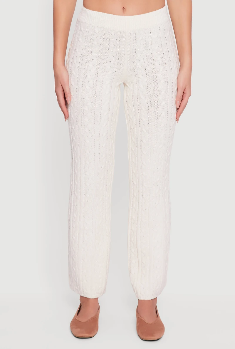 Womens Cable Knit Straight Leg Lounge Pants, White, Size M