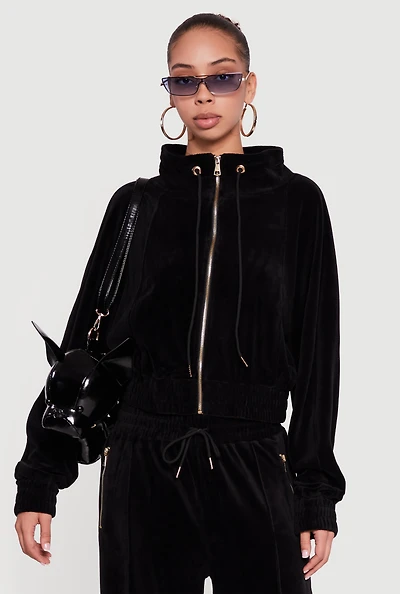 Womens Velour Drawstring Mock Neck Sweatshirt,