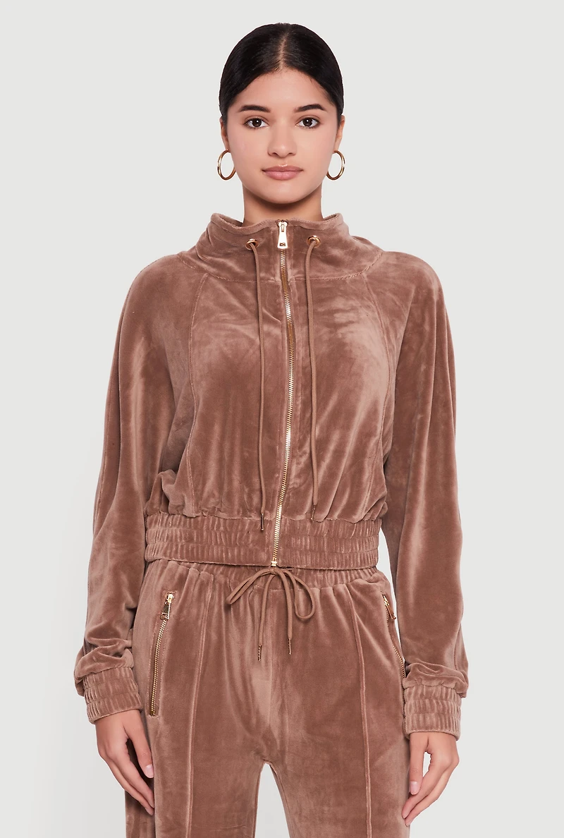 Womens Velour Drawstring Mock Neck Sweatshirt, Brown,