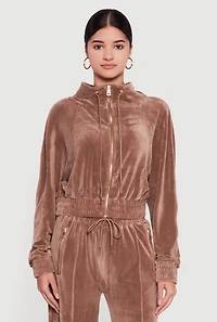 Womens Velour Drawstring Mock Neck Sweatshirt, Brown,