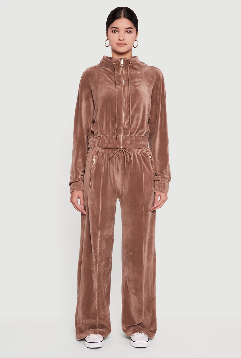 Womens Velour Drawstring Mock Neck Sweatshirt, Brown,