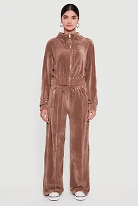 Womens Velour Drawstring Mock Neck Sweatshirt, Brown,