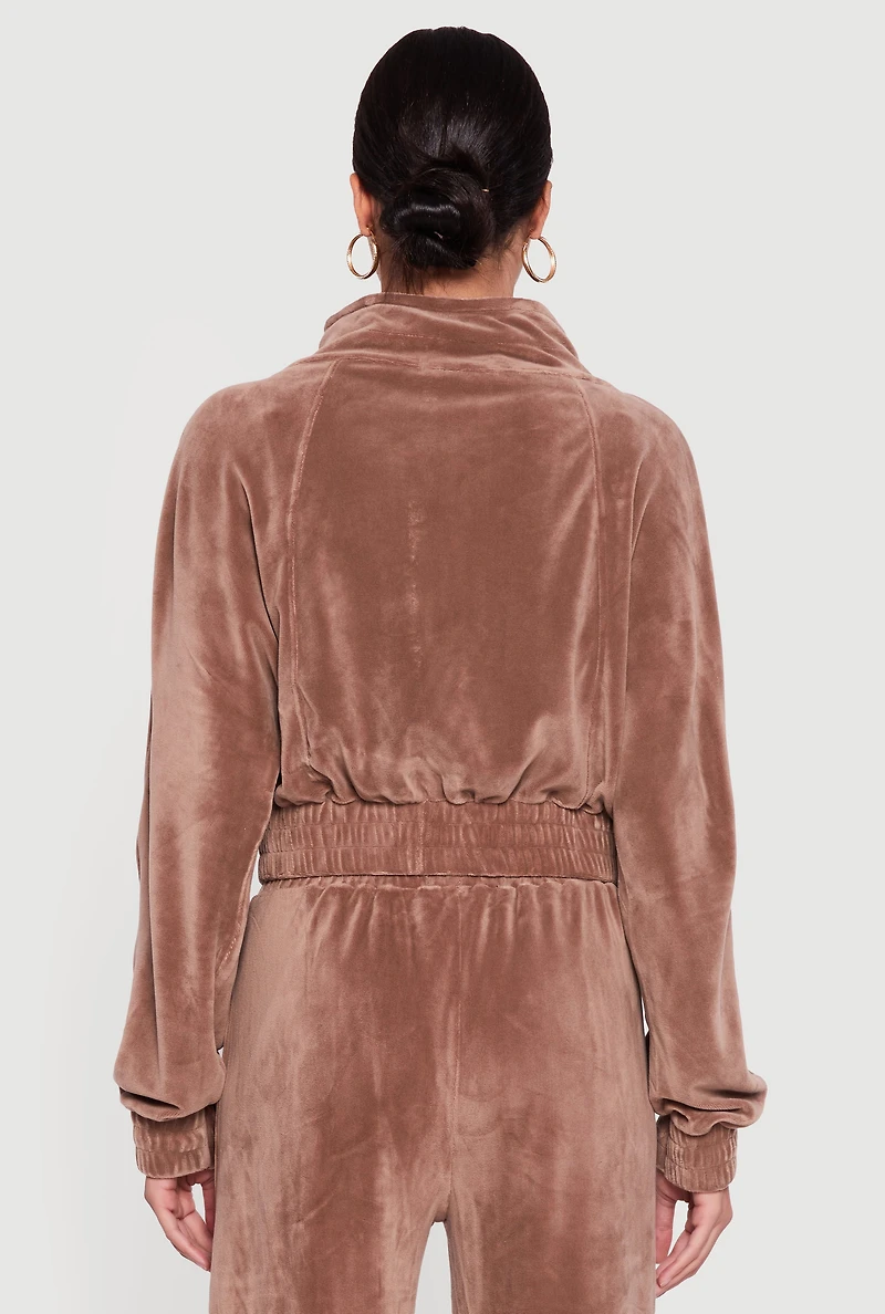 Womens Velour Drawstring Mock Neck Sweatshirt, Brown,