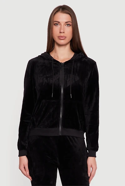 Womens Velour Zip Front Drawstring Hoodie, Black, Size M