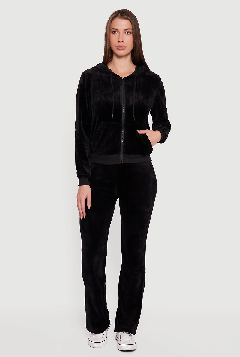 Womens Velour Zip Front Drawstring Hoodie, Black,