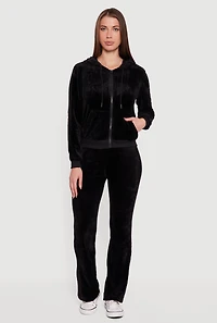 Womens Velour Zip Front Drawstring Hoodie, Black,