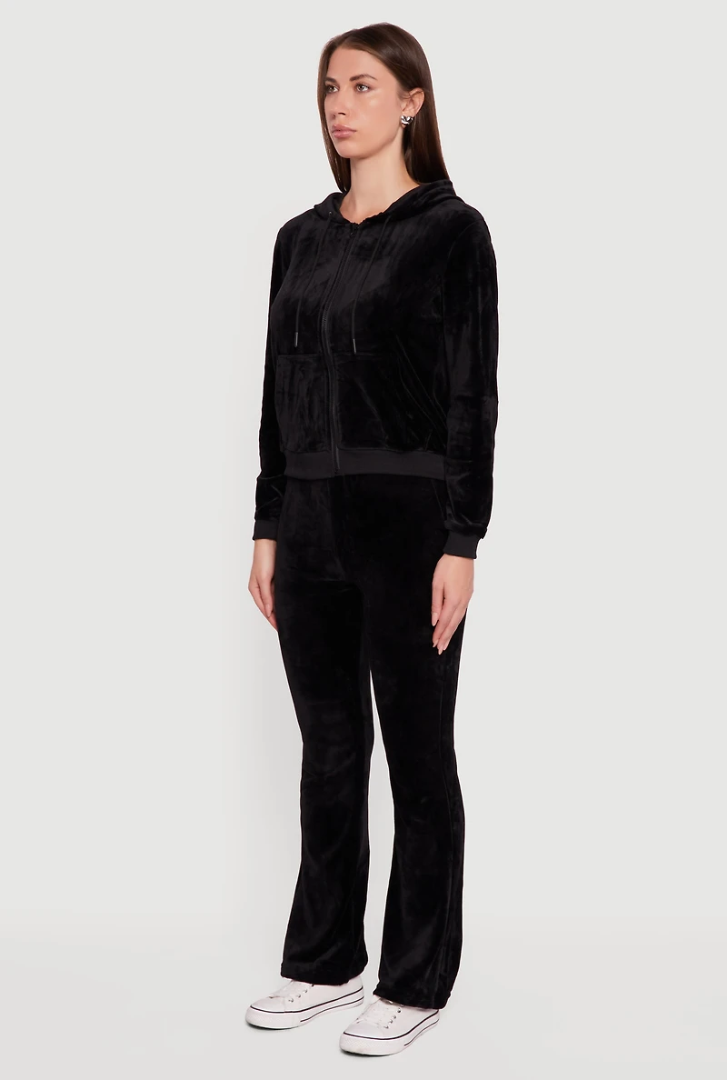 Womens Velour Zip Front Drawstring Hoodie, Black,