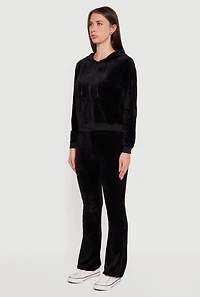 Womens Velour Zip Front Drawstring Hoodie, Black,