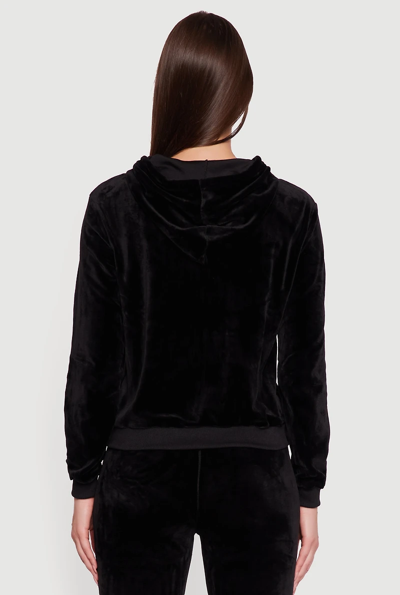 Womens Velour Zip Front Drawstring Hoodie, Black,
