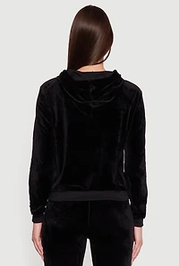 Womens Velour Zip Front Drawstring Hoodie, Black,