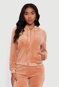 Womens Velour Zip Front Drawstring Hoodie,