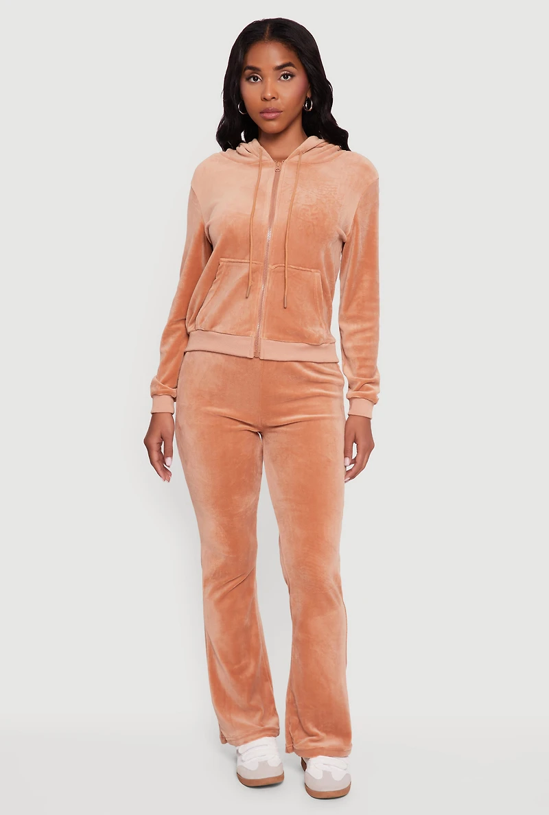 Womens Velour Zip Front Drawstring Hoodie,
