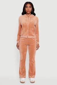 Womens Velour Zip Front Drawstring Hoodie,