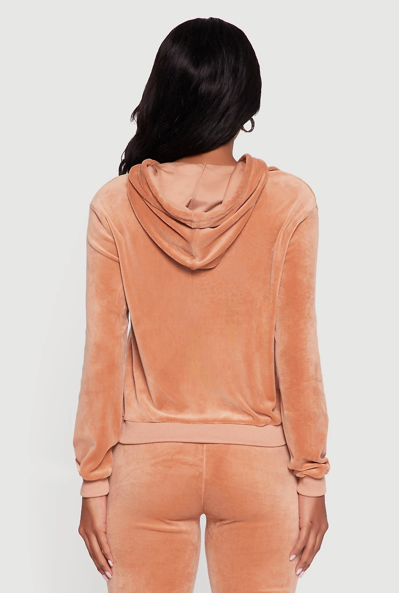 Womens Velour Zip Front Drawstring Hoodie,