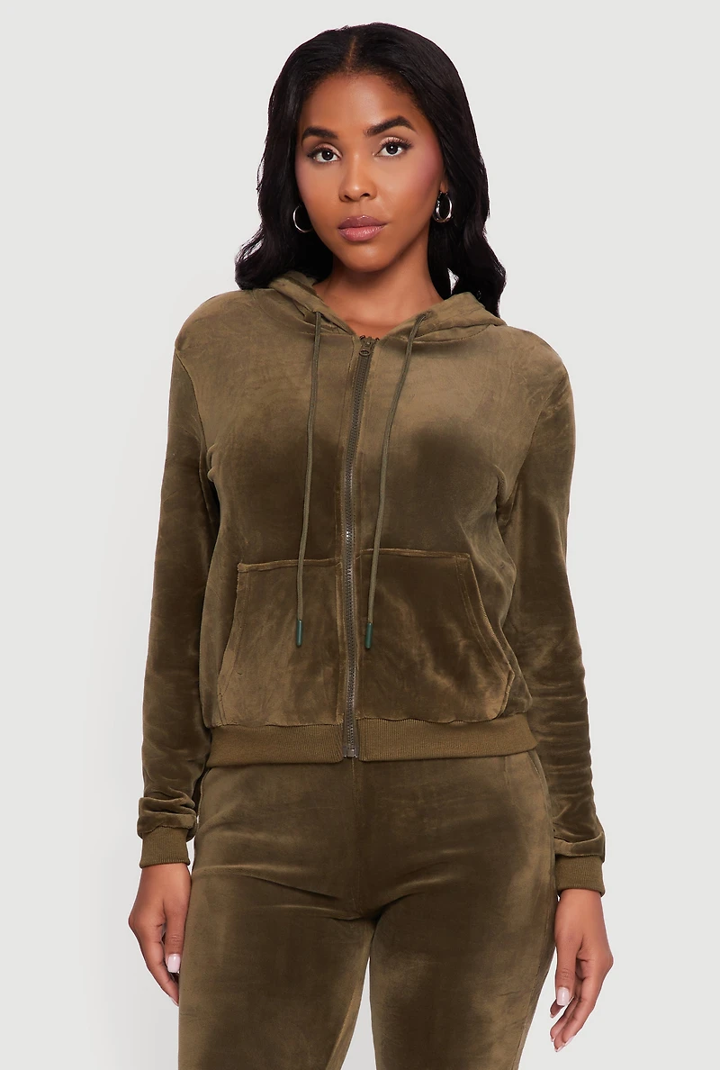 Womens Velour Zip Front Drawstring Hoodie, Green, Size M