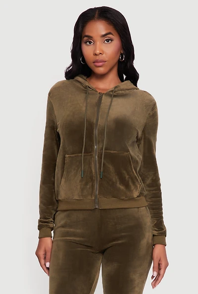Womens Velour Zip Front Drawstring Hoodie, Green, Size M