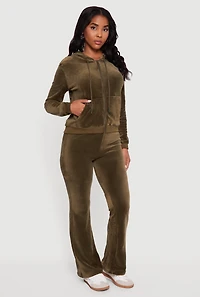 Womens Velour Zip Front Drawstring Hoodie, Green, Size M