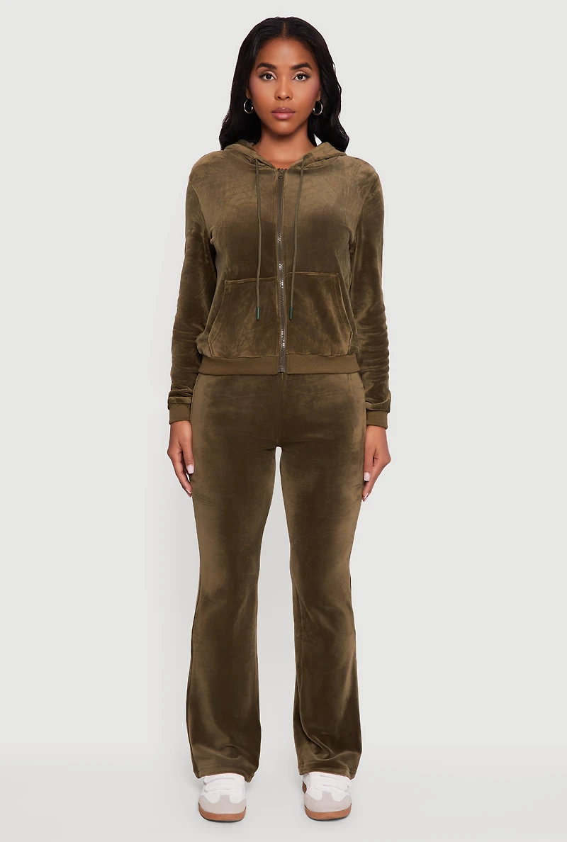 Velour Zip Front Drawstring Hoodie