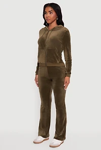Womens Velour Zip Front Drawstring Hoodie, Green, Size M