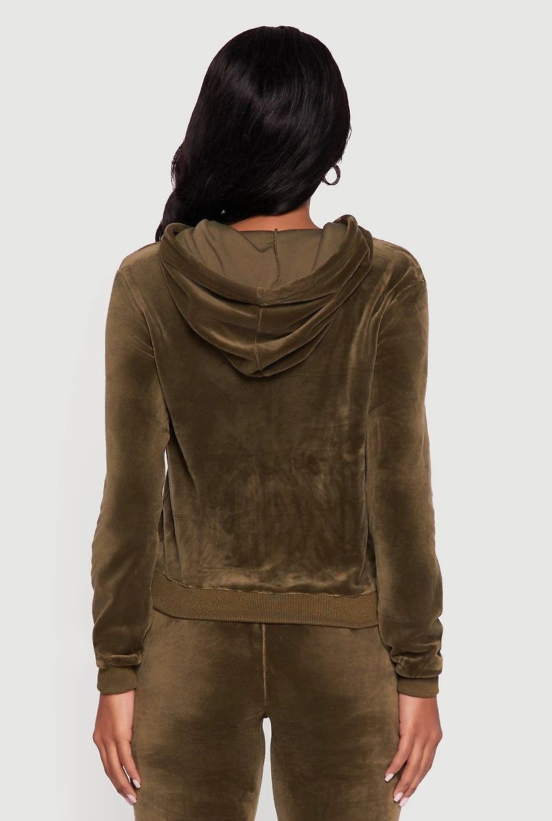 Womens Velour Zip Front Drawstring Hoodie, Green, Size M