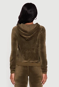 Womens Velour Zip Front Drawstring Hoodie, Green, Size M