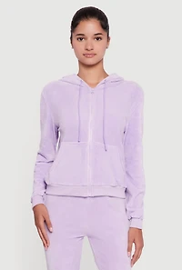 Womens Velour Zip Front Drawstring Hoodie, Purple,
