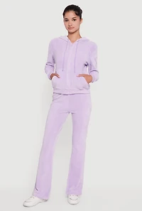 Womens Velour Zip Front Drawstring Hoodie, Purple,