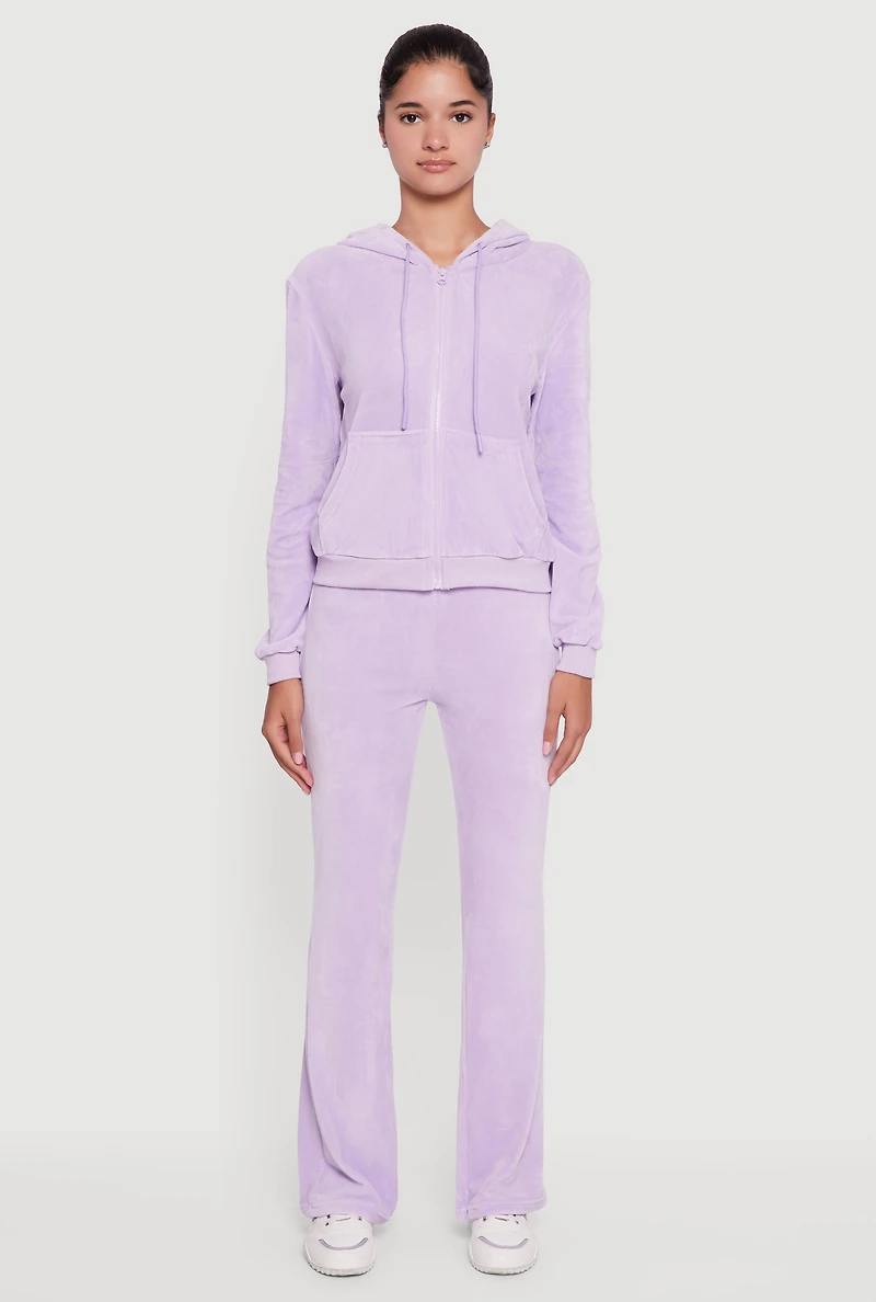 Womens Velour Zip Front Drawstring Hoodie, Purple,