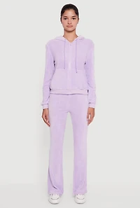 Womens Velour Zip Front Drawstring Hoodie, Purple,