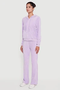 Womens Velour Zip Front Drawstring Hoodie, Purple,