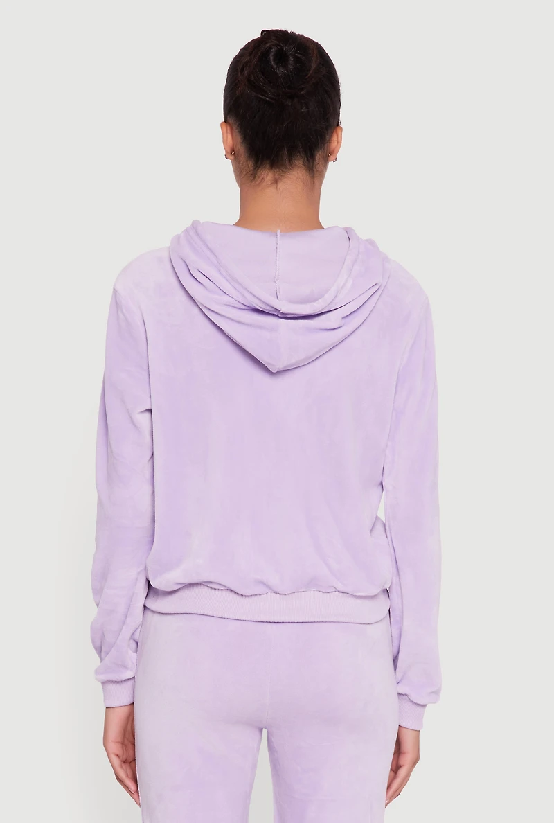 Womens Velour Zip Front Drawstring Hoodie, Purple,