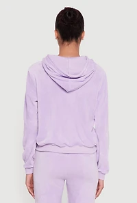 Womens Velour Zip Front Drawstring Hoodie, Purple,