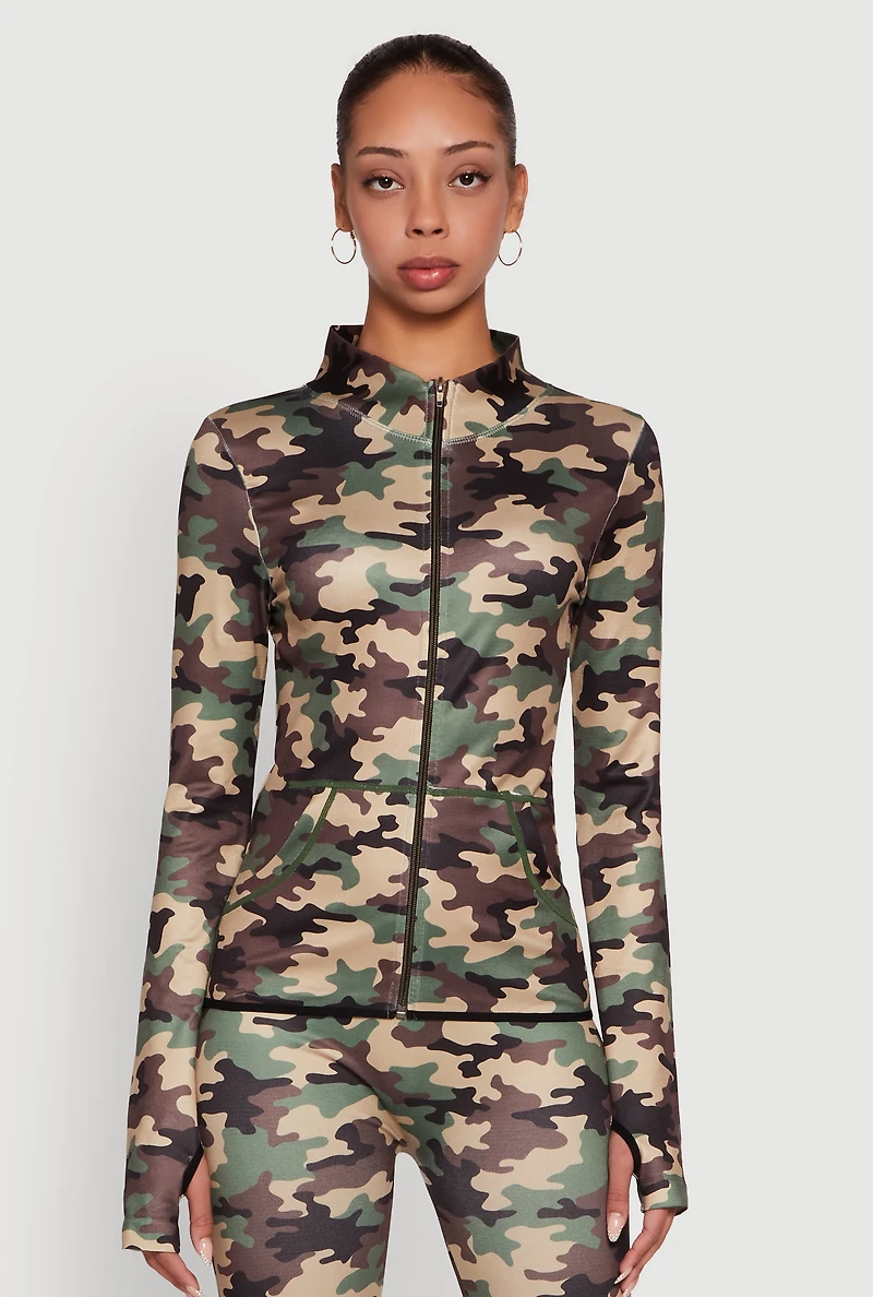 Womens Camouflage Mock Neck Jacket with Thumb Holes, Green, Size L-XL