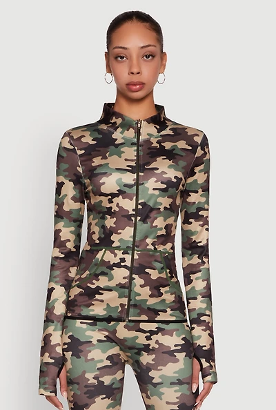Womens Camouflage Mock Neck Jacket with Thumb Holes, Green, Size L-XL