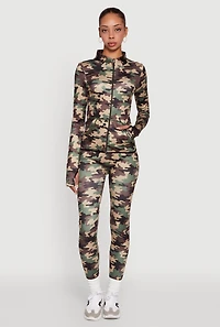 Womens Camouflage Mock Neck Jacket with Thumb Holes, Green, Size L-XL
