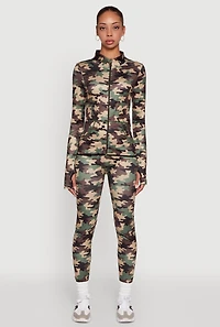 Womens Camouflage Mock Neck Jacket with Thumb Holes, Green, Size L-XL