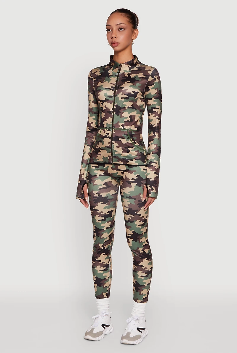 Womens Camouflage Mock Neck Jacket with Thumb Holes, Green, Size L-XL
