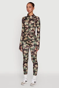 Womens Camouflage Mock Neck Jacket with Thumb Holes, Green, Size L-XL