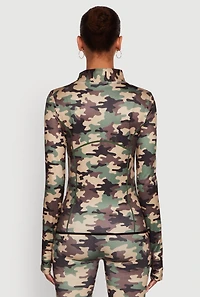 Womens Camouflage Mock Neck Jacket with Thumb Holes, Green, Size L-XL