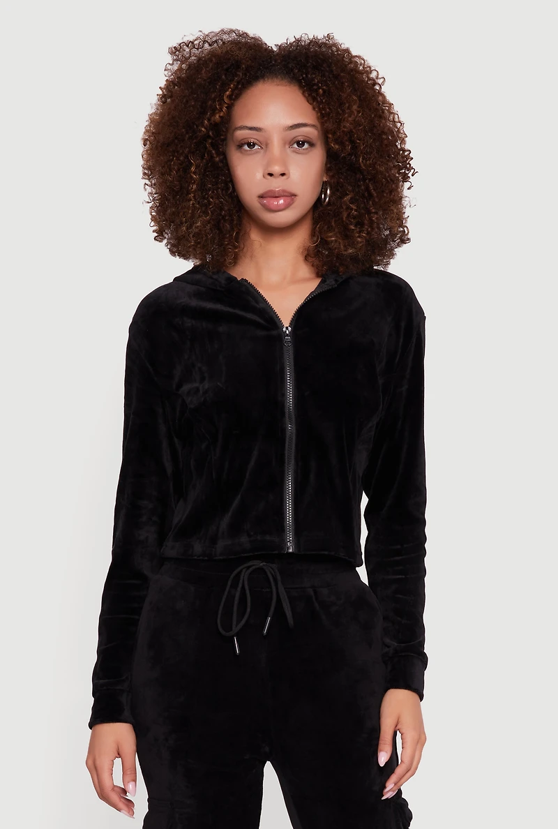 Womens Velour Cropped Zip Front Hooded Track Jacket, Black, Size XL