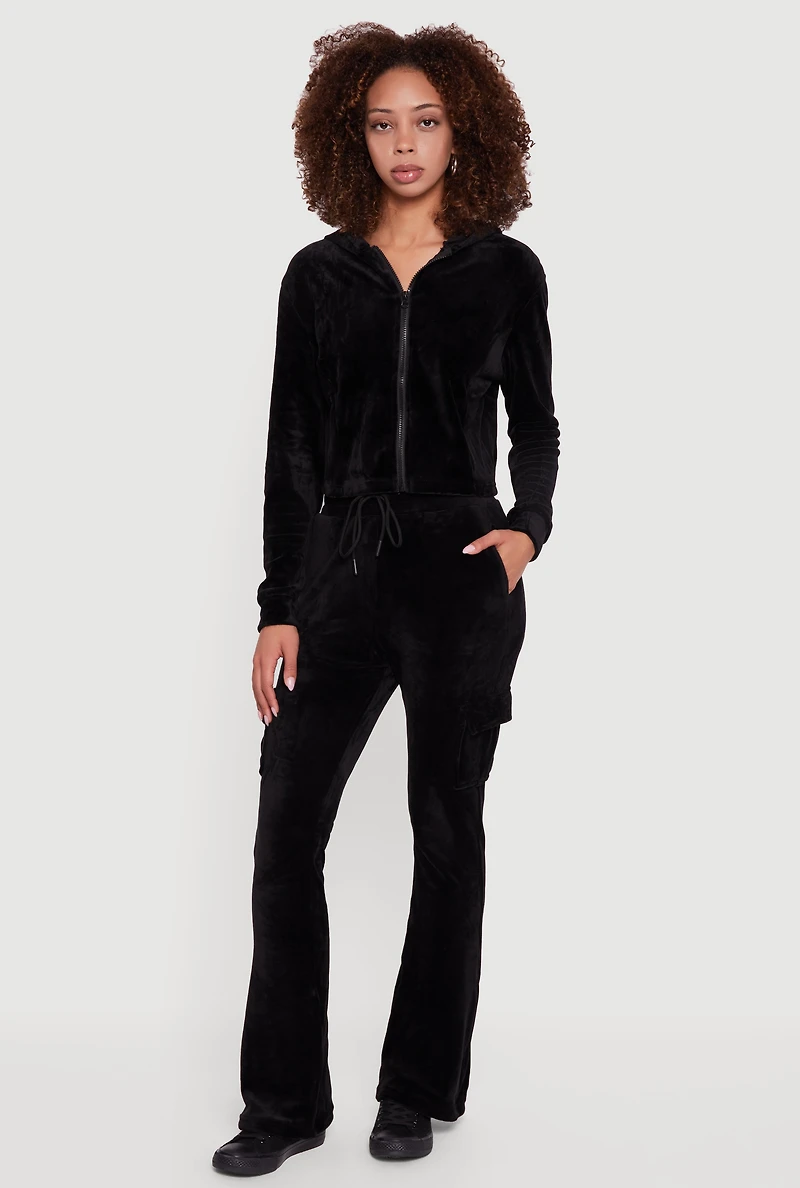 Womens Velour Cropped Zip Front Hooded Track Jacket, Black, Size XL