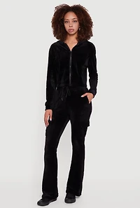 Womens Velour Cropped Zip Front Hooded Track Jacket, Black, Size XL